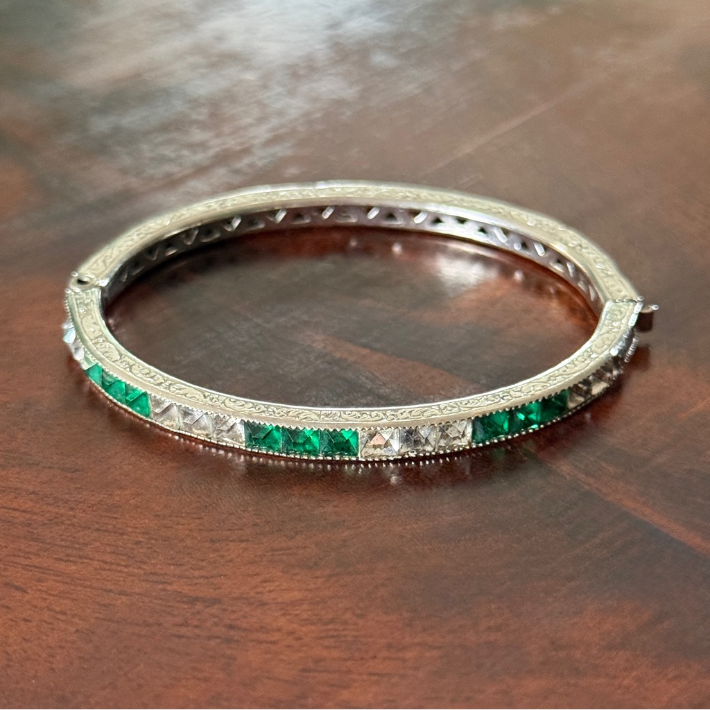 Vintage 1920’s Czech Silver & Paste Bangle Bracelet With Floral Chasing; 6.6”